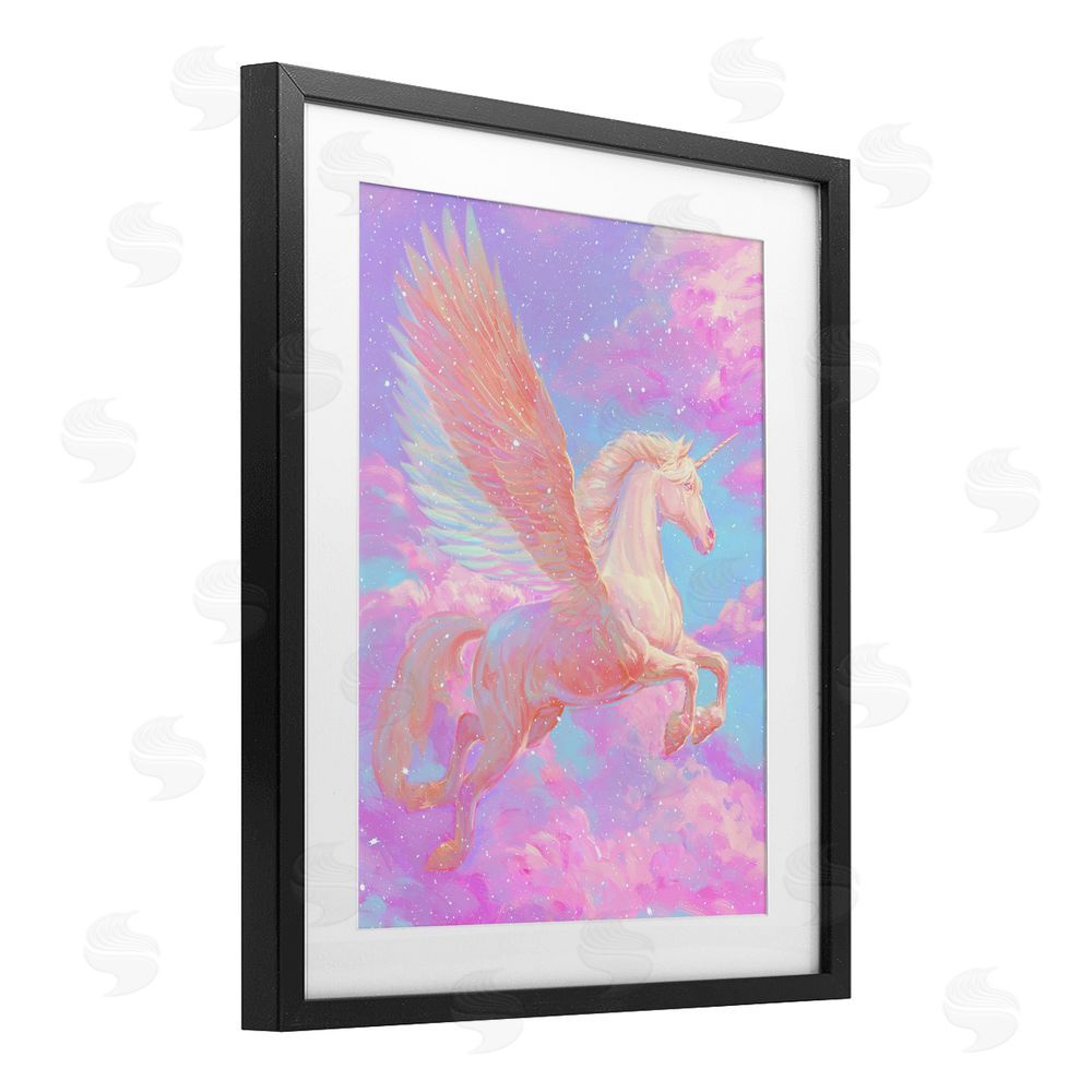 Ziwei Li Ethereal Winged Unicorn In Clouds Black Framed Print Under Glass Wall Art