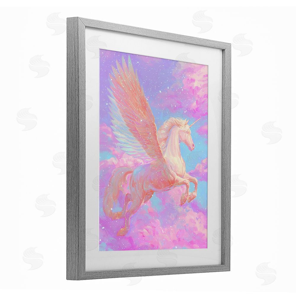 Ziwei Li Ethereal Winged Unicorn In Clouds Gray Framed Print Under Glass Wall Art