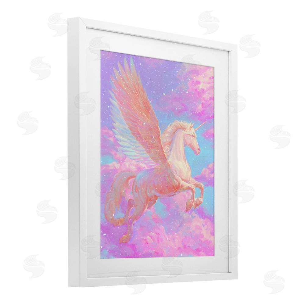 Ziwei Li Ethereal Winged Unicorn In Clouds White Framed Print Under Glass Wall Art