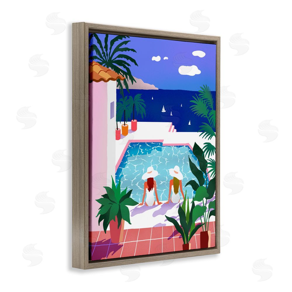 Ziwei Li Poolside Afternoon Friends Brown Floating Frame Canvas Wall Art Print