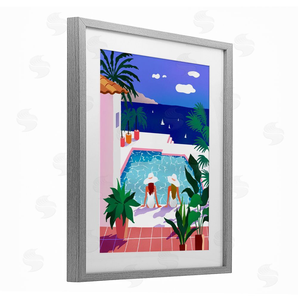 Ziwei Li Poolside Afternoon Friends Gray Framed Print Under Glass Wall Art