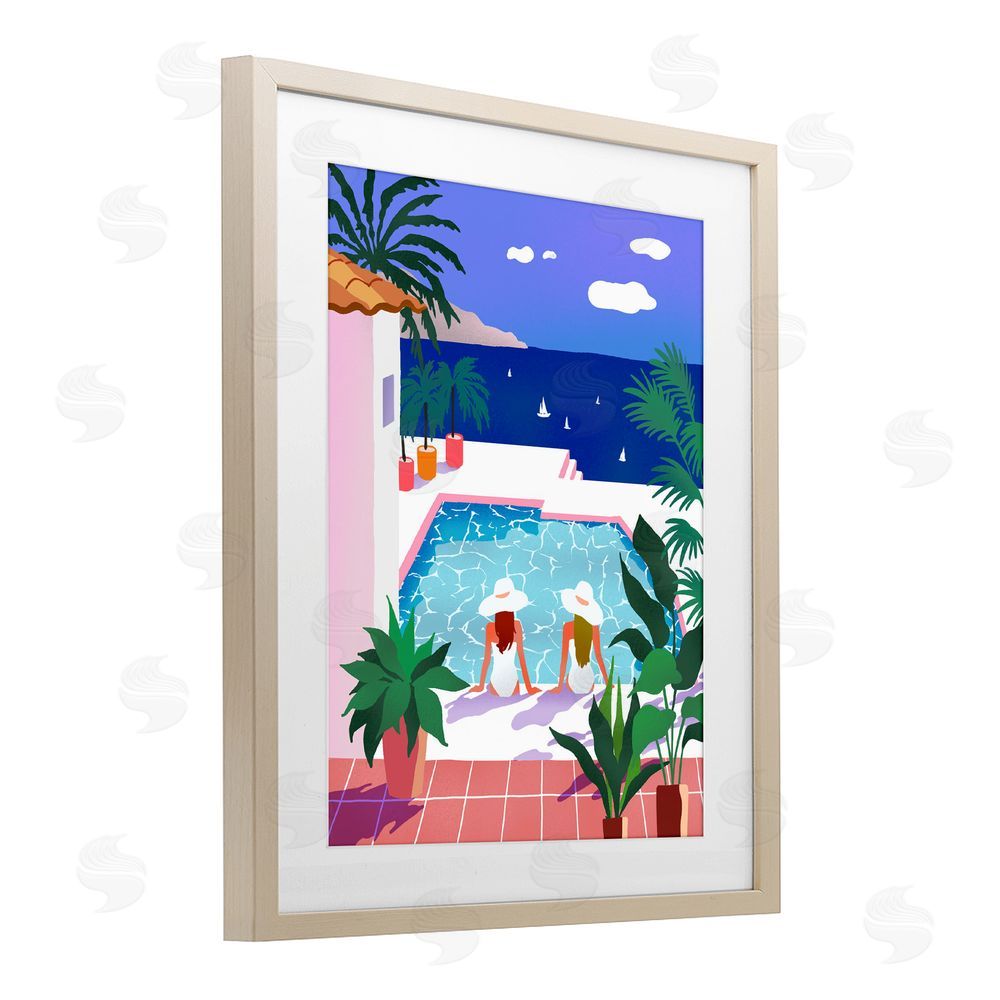 Ziwei Li Poolside Afternoon Friends Brown Framed Print Under Glass Wall Art