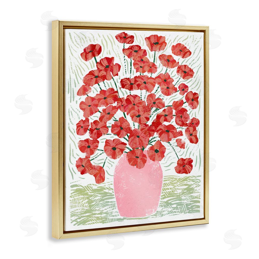 Ziwei Li Red Poppy Bouquet in Pink Vase Gold Floating Frame Canvas Wall Art Print