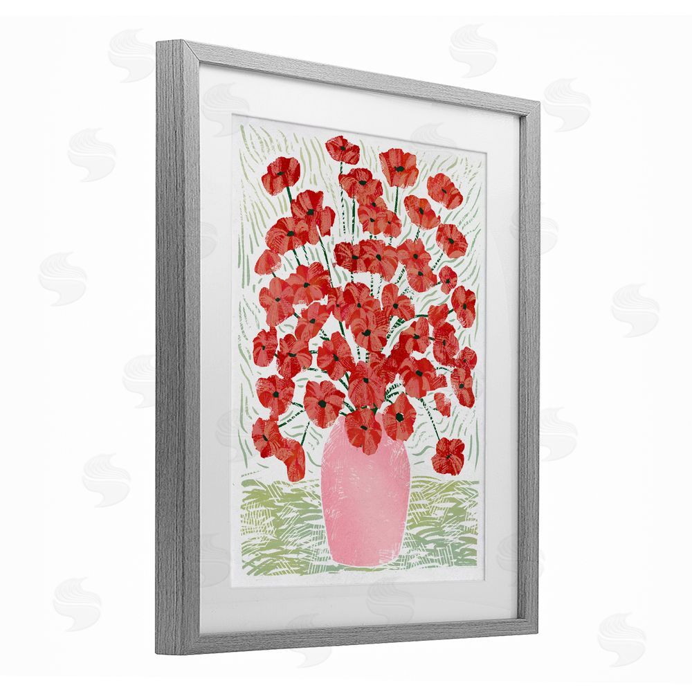 Ziwei Li Red Poppy Bouquet in Pink Vase Gray Framed Print Under Glass Wall Art