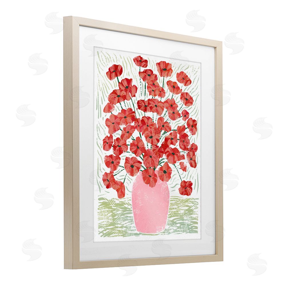 Ziwei Li Red Poppy Bouquet in Pink Vase Brown Framed Print Under Glass Wall Art