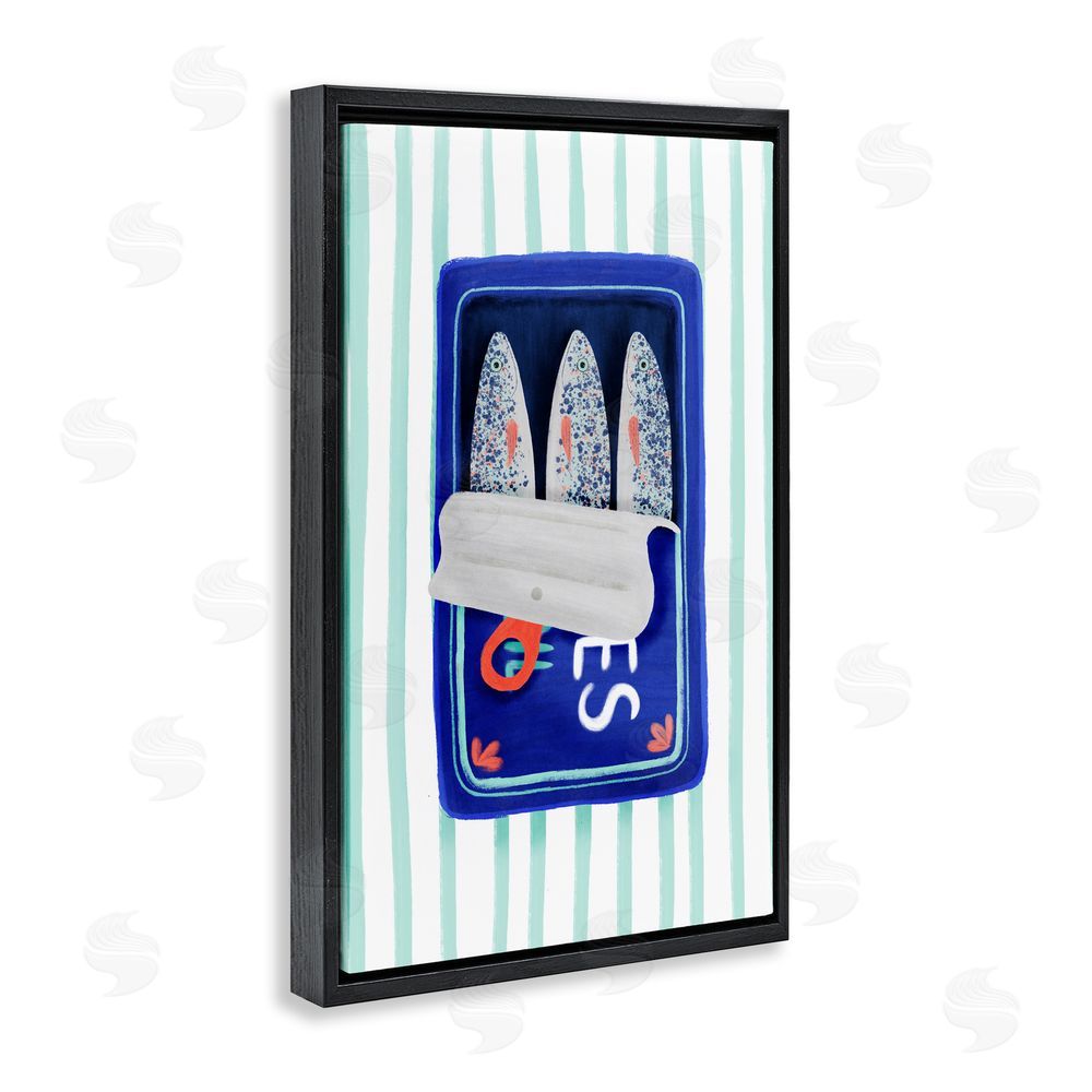 Metka Hiti Blue Sardines on Stripes Black Floating Frame Canvas Wall Art Print