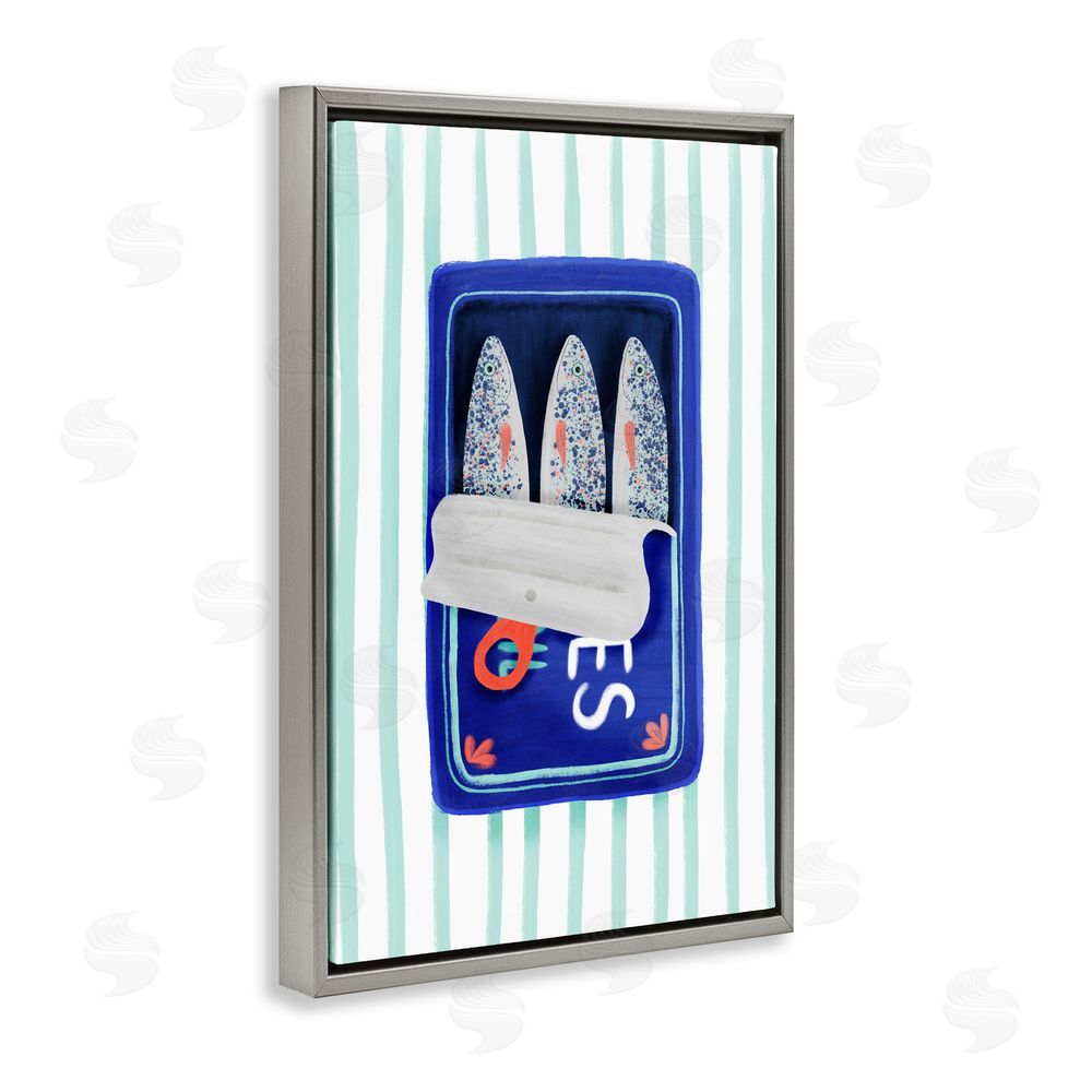 Metka Hiti Blue Sardines on Stripes Gray Floating Frame Canvas Wall Art Print