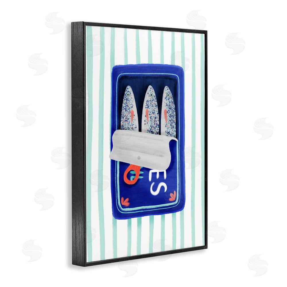 Metka Hiti Blue Sardines on Stripes Black Framed Giclee Wall Art Print