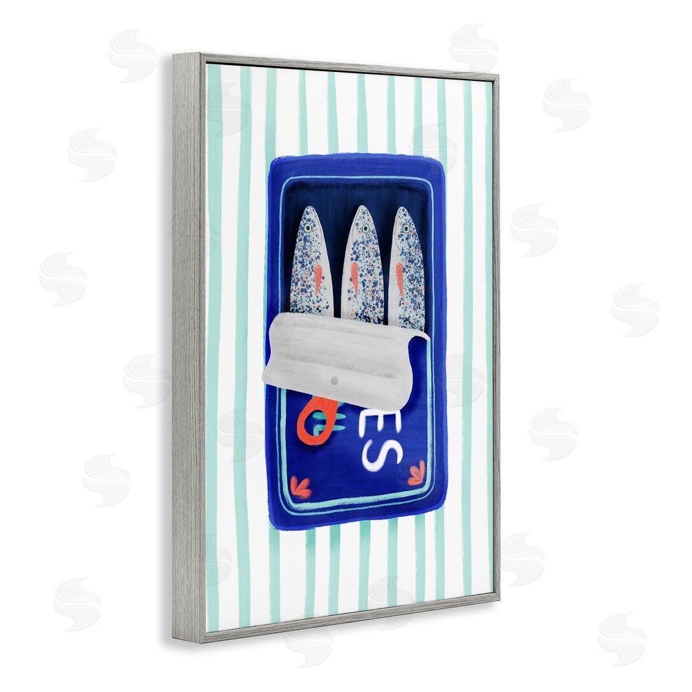 Metka Hiti Blue Sardines on Stripes Gray Framed Giclee Wall Art Print