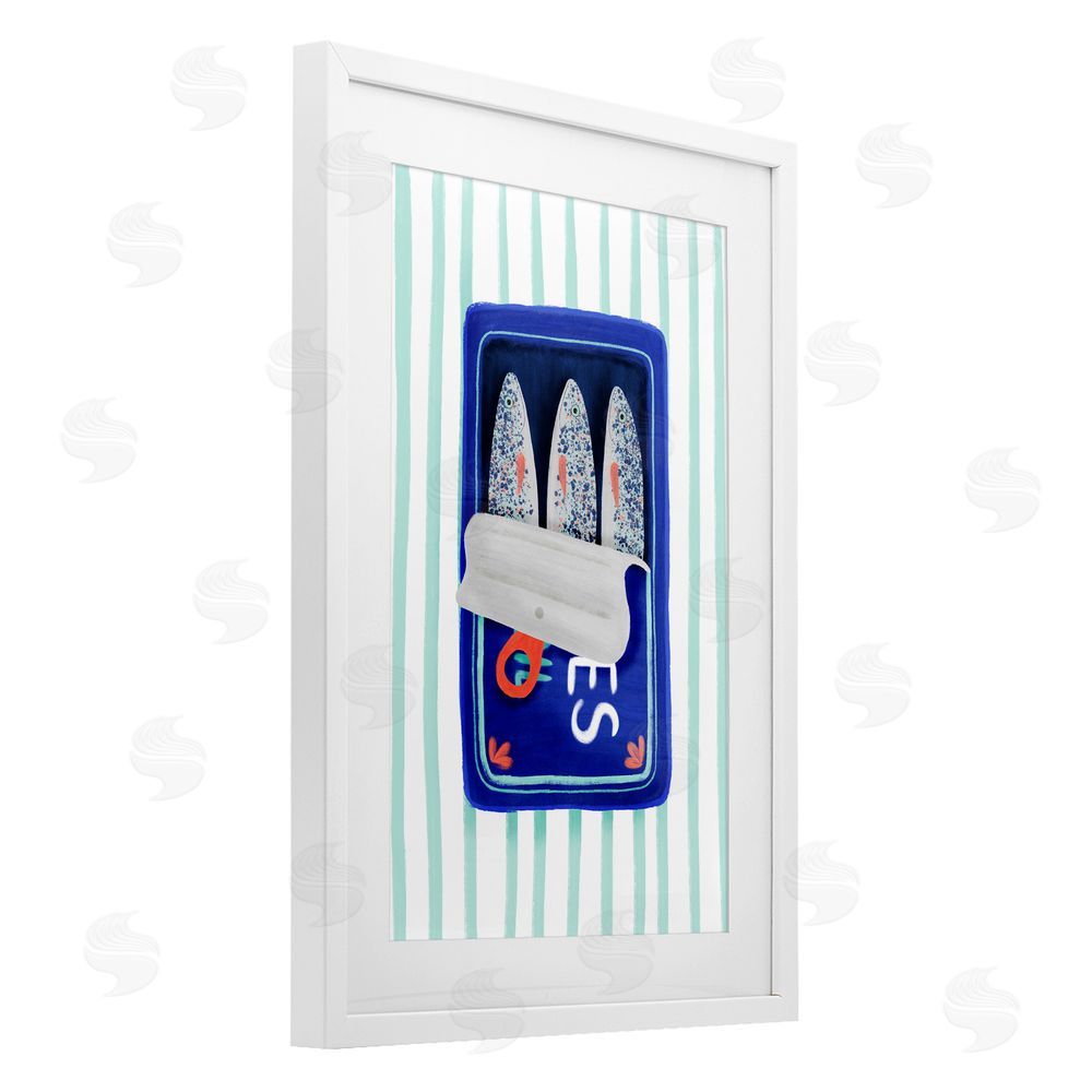 Metka Hiti Blue Sardines on Stripes White Framed Print Under Glass Wall Art