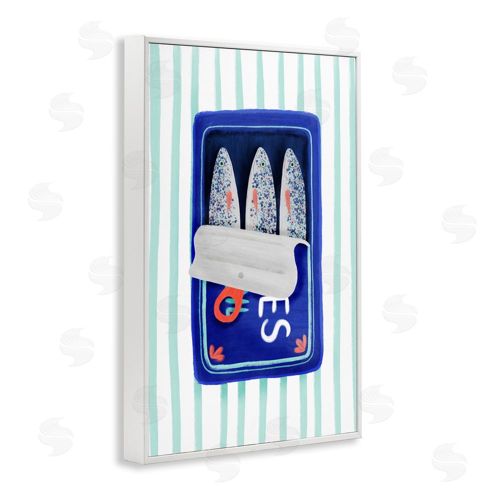Metka Hiti Blue Sardines on Stripes White Framed Giclee Wall Art Print