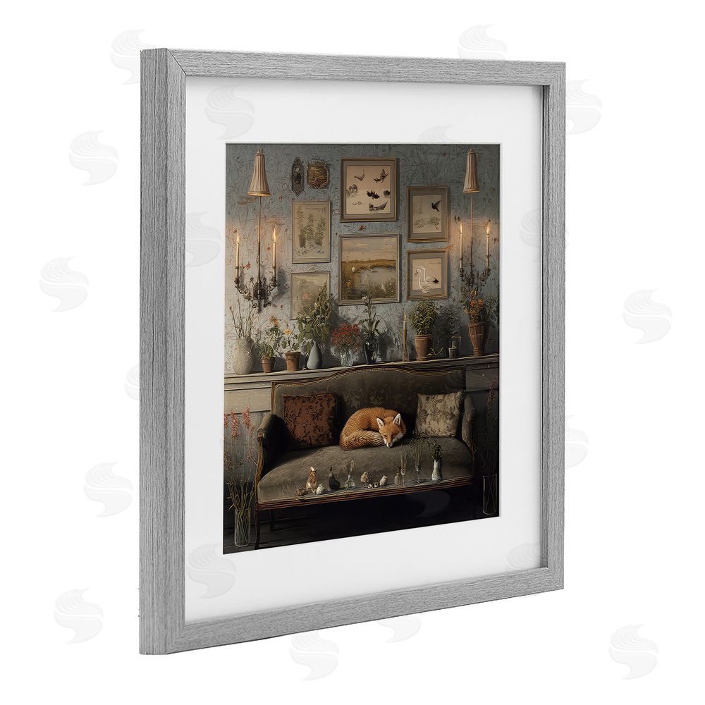 The Wands Want Fox on Antique Sofa Gray Framed Print Under Glass Wall Art