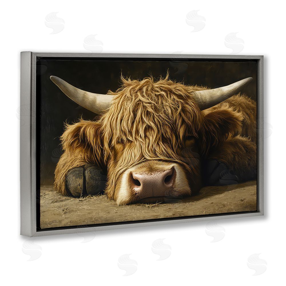 The Wands Want Sleeping Highland Cow & Hoof Gray Floating Frame Canvas Wall Art Print