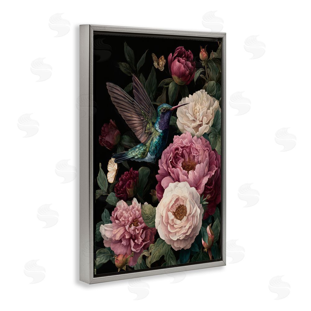 The Wands Want Hummingbird & Lush Peonies Gray Floating Frame Canvas Wall Art Print
