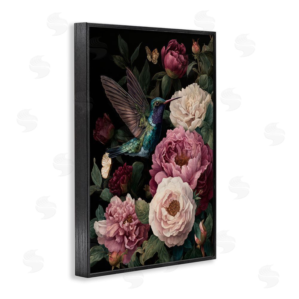 The Wands Want Hummingbird & Lush Peonies Black Framed Giclee Wall Art Print