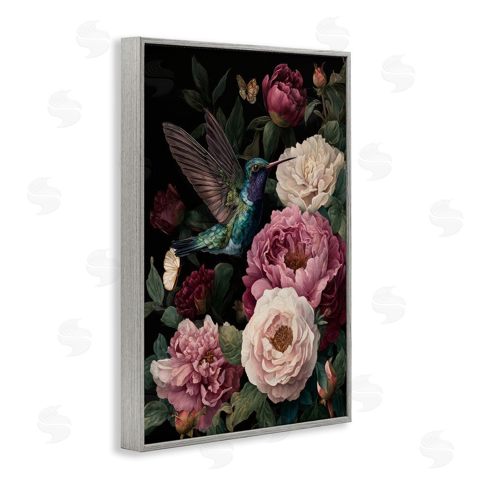 The Wands Want Hummingbird & Lush Peonies Gray Framed Giclee Wall Art Print