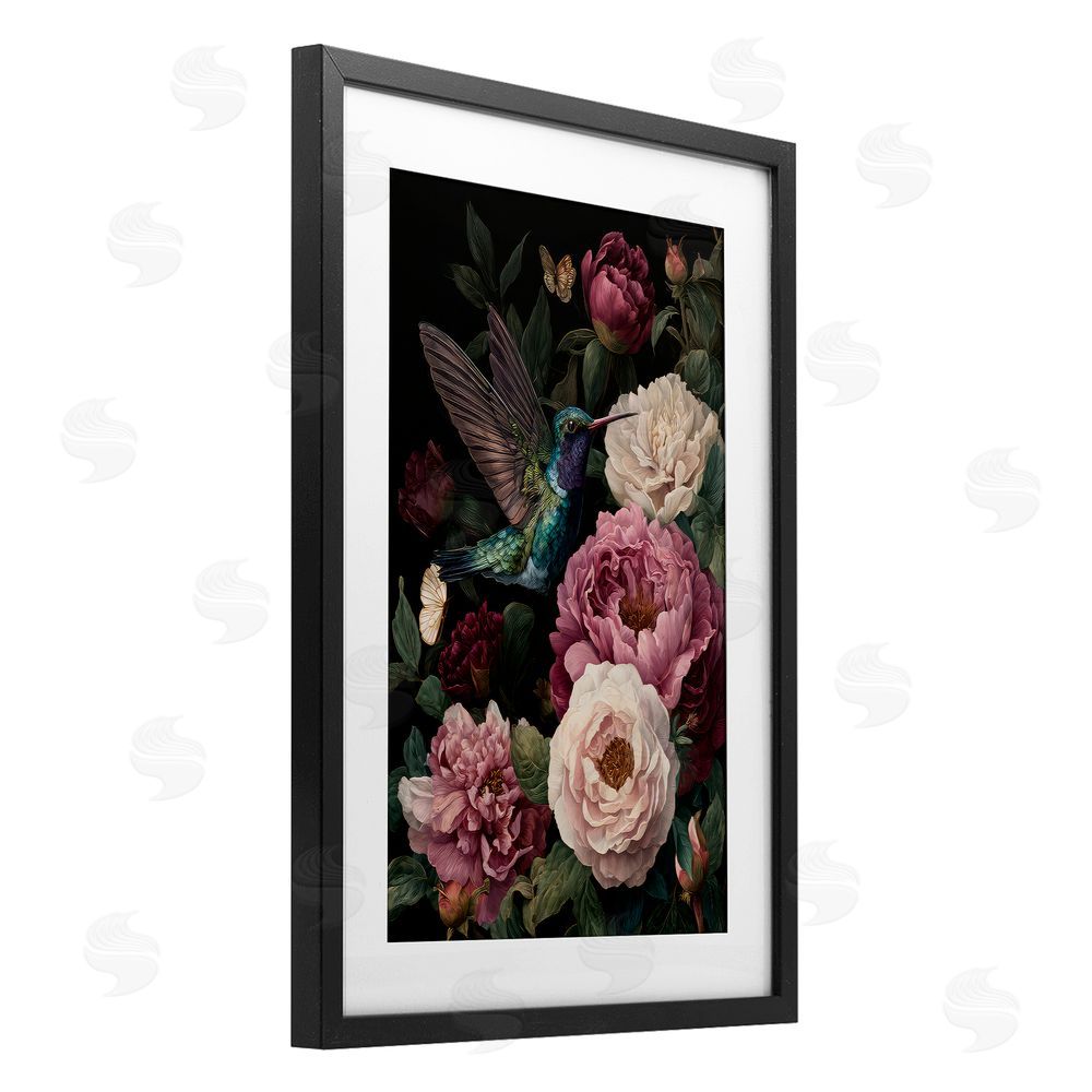 The Wands Want Hummingbird & Lush Peonies Black Framed Print Under Glass Wall Art
