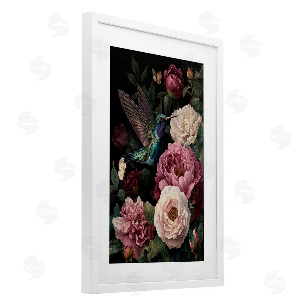 The Wands Want Hummingbird & Lush Peonies White Framed Print Under Glass Wall Art