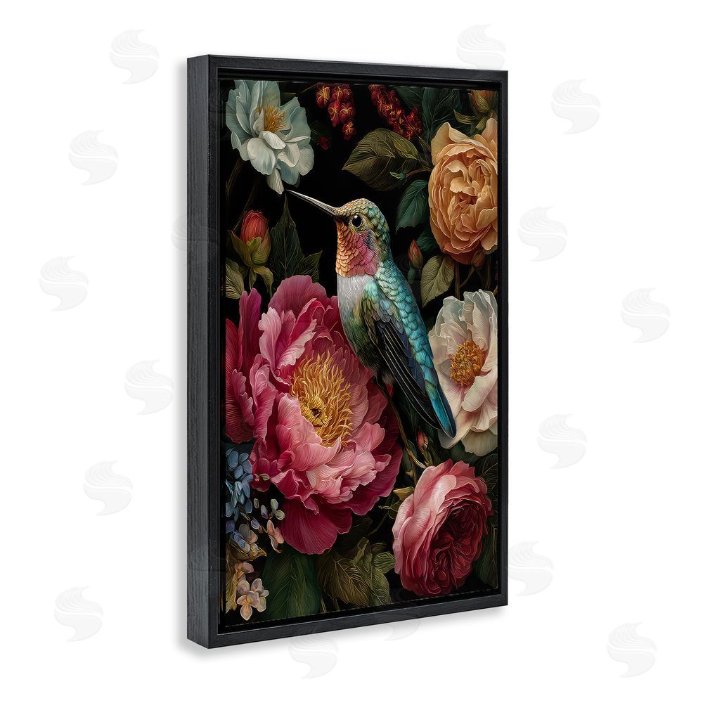The Wands Want Hummingbird & Lush Blooms Black Floating Frame Canvas Wall Art Print