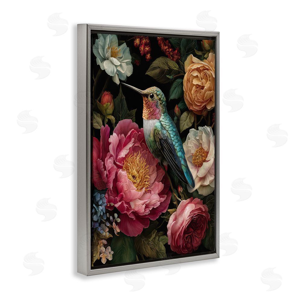 The Wands Want Hummingbird & Lush Blooms Gray Floating Frame Canvas Wall Art Print