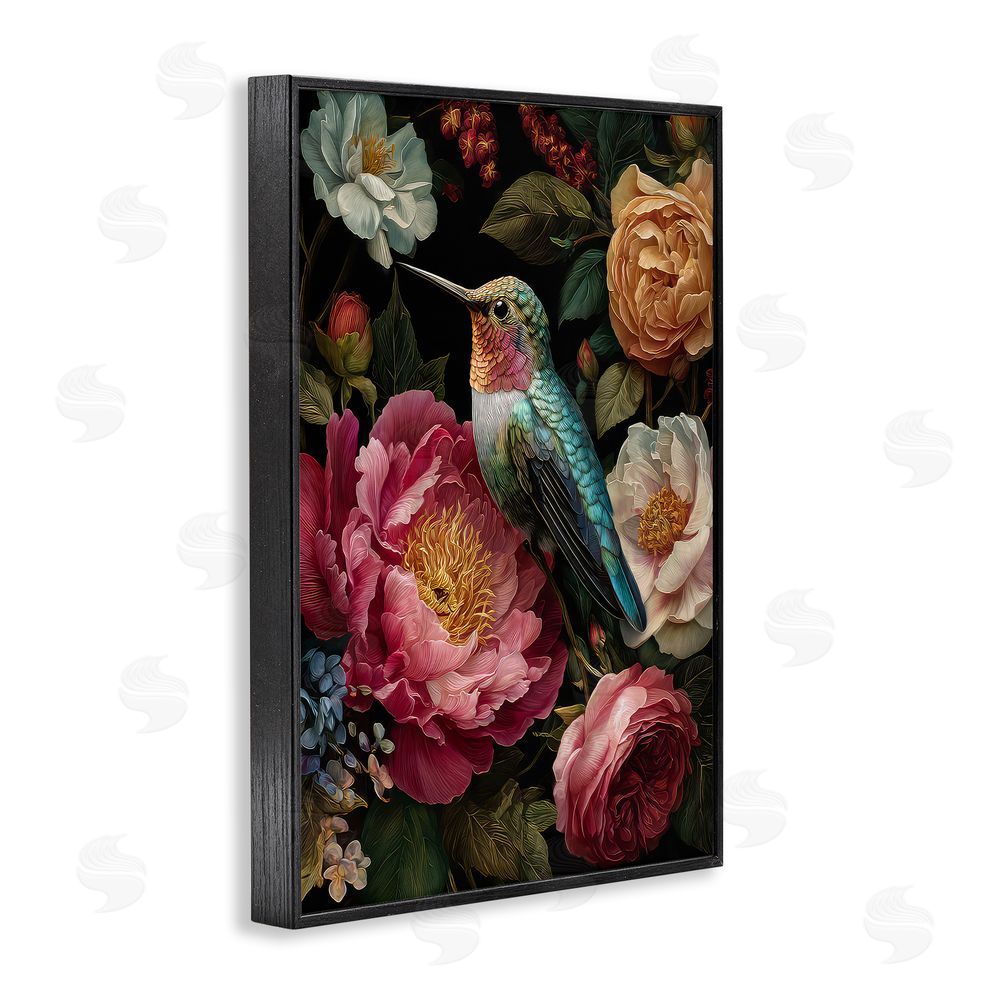The Wands Want Hummingbird & Lush Blooms Black Framed Giclee Wall Art Print