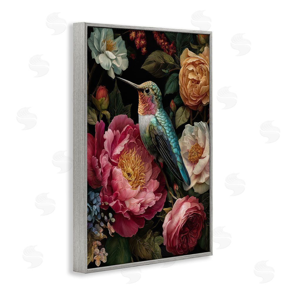 The Wands Want Hummingbird & Lush Blooms Gray Framed Giclee Wall Art Print