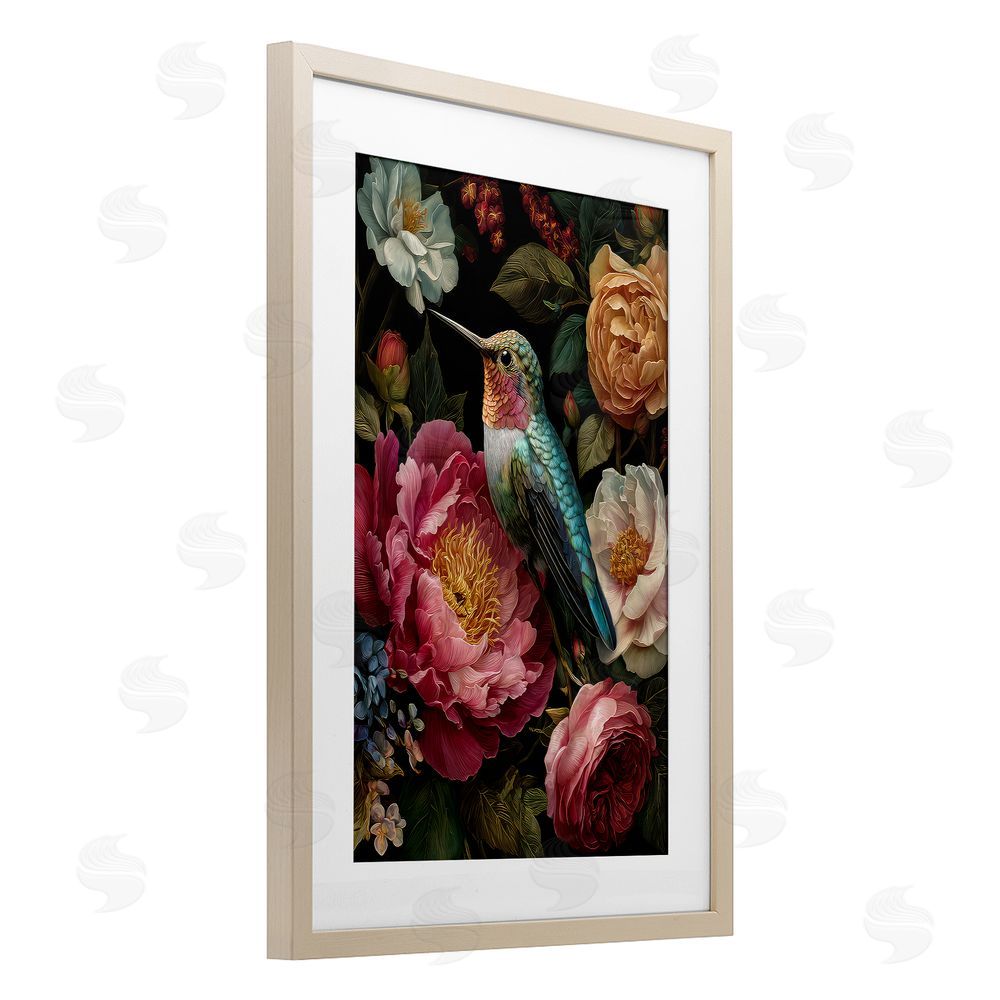 The Wands Want Hummingbird & Lush Blooms Brown Framed Print Under Glass Wall Art