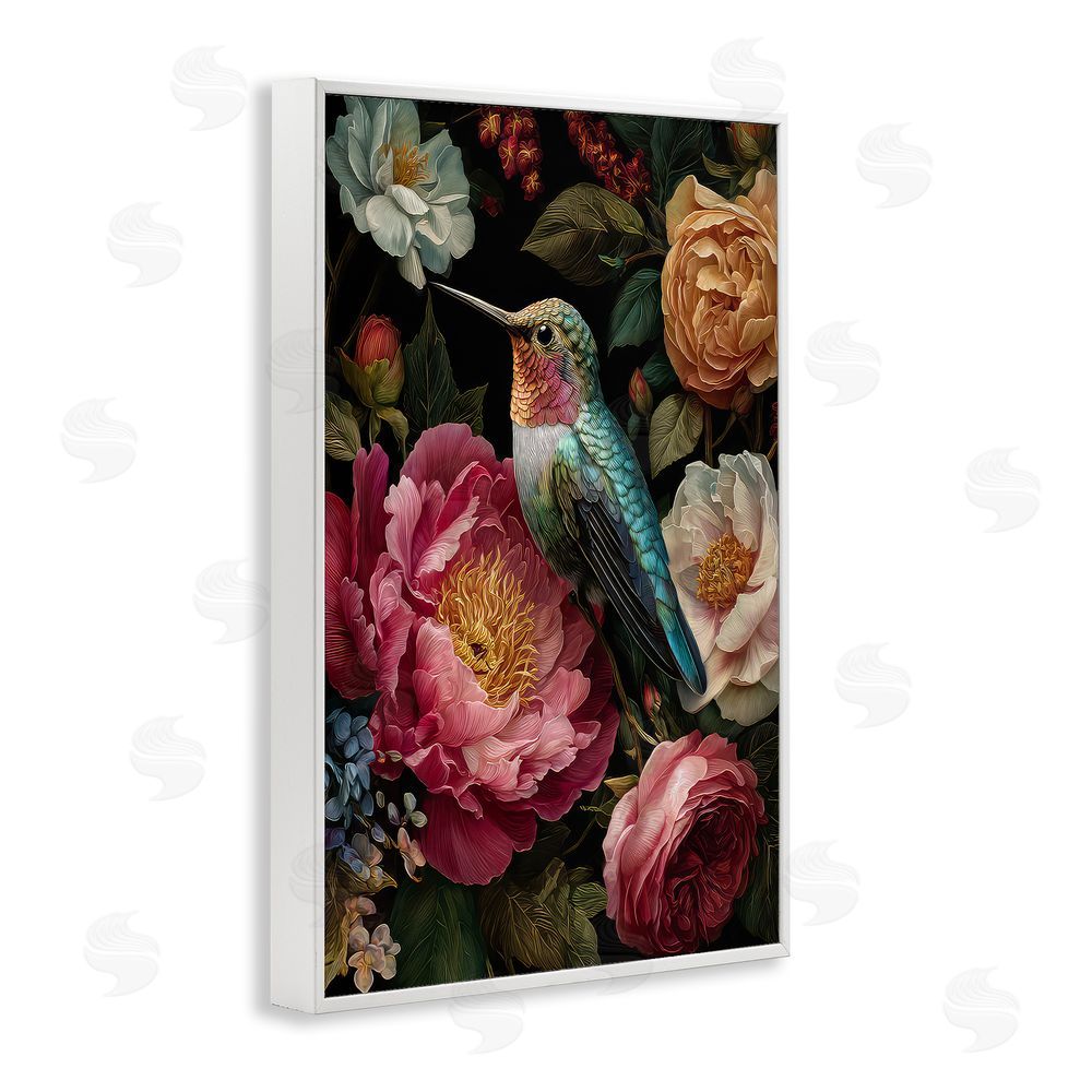 The Wands Want Hummingbird & Lush Blooms White Framed Giclee Wall Art Print
