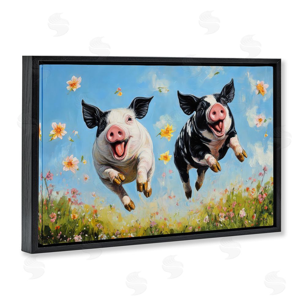 The Wands Want Flying Pigs & Flowers Black Floating Frame Canvas Wall Art Print