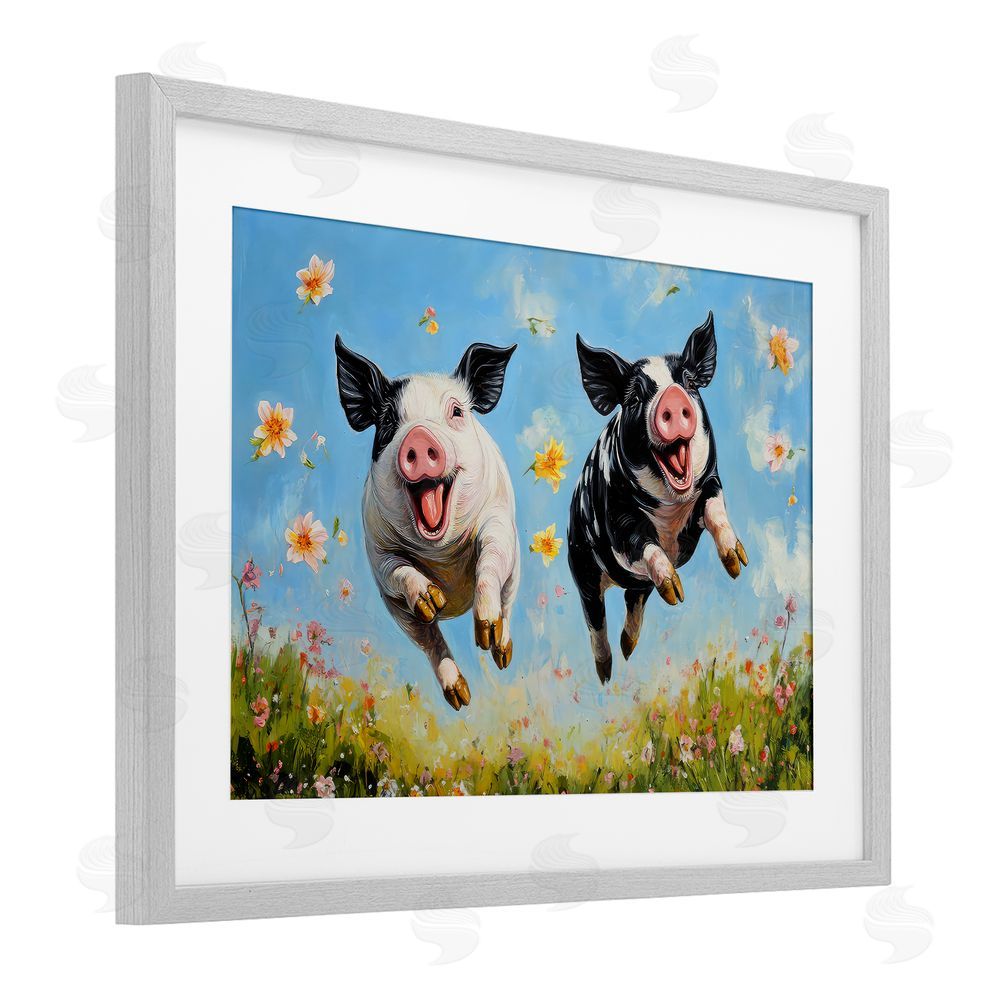 The Wands Want Flying Pigs & Flowers Gray Framed Print Under Glass Wall Art