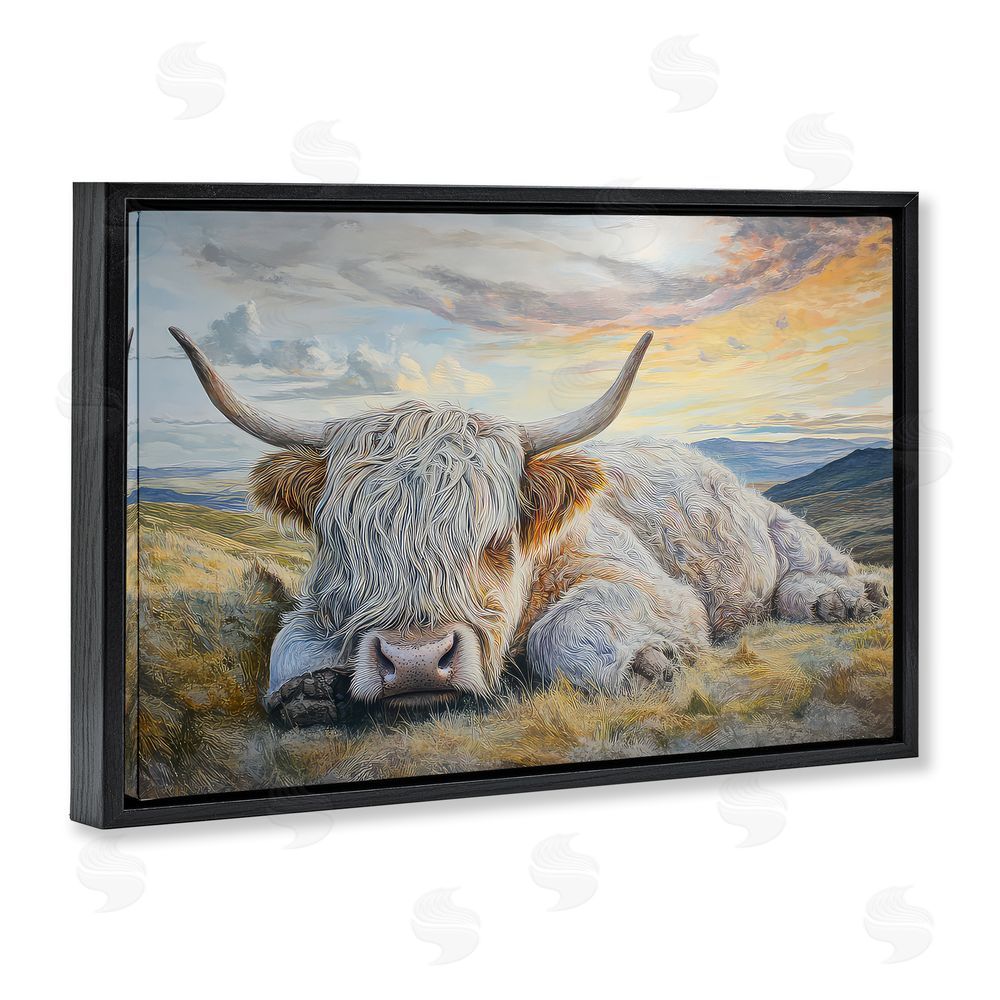 The Wands Want Sleeping Highland Cow Pastoral Black Floating Frame Canvas Wall Art Print