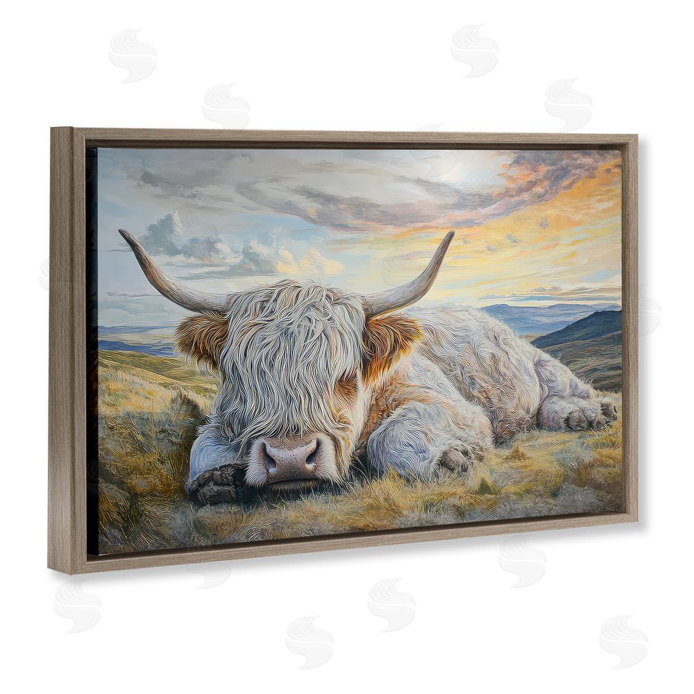 The Wands Want Sleeping Highland Cow Pastoral Brown Floating Frame Canvas Wall Art Print