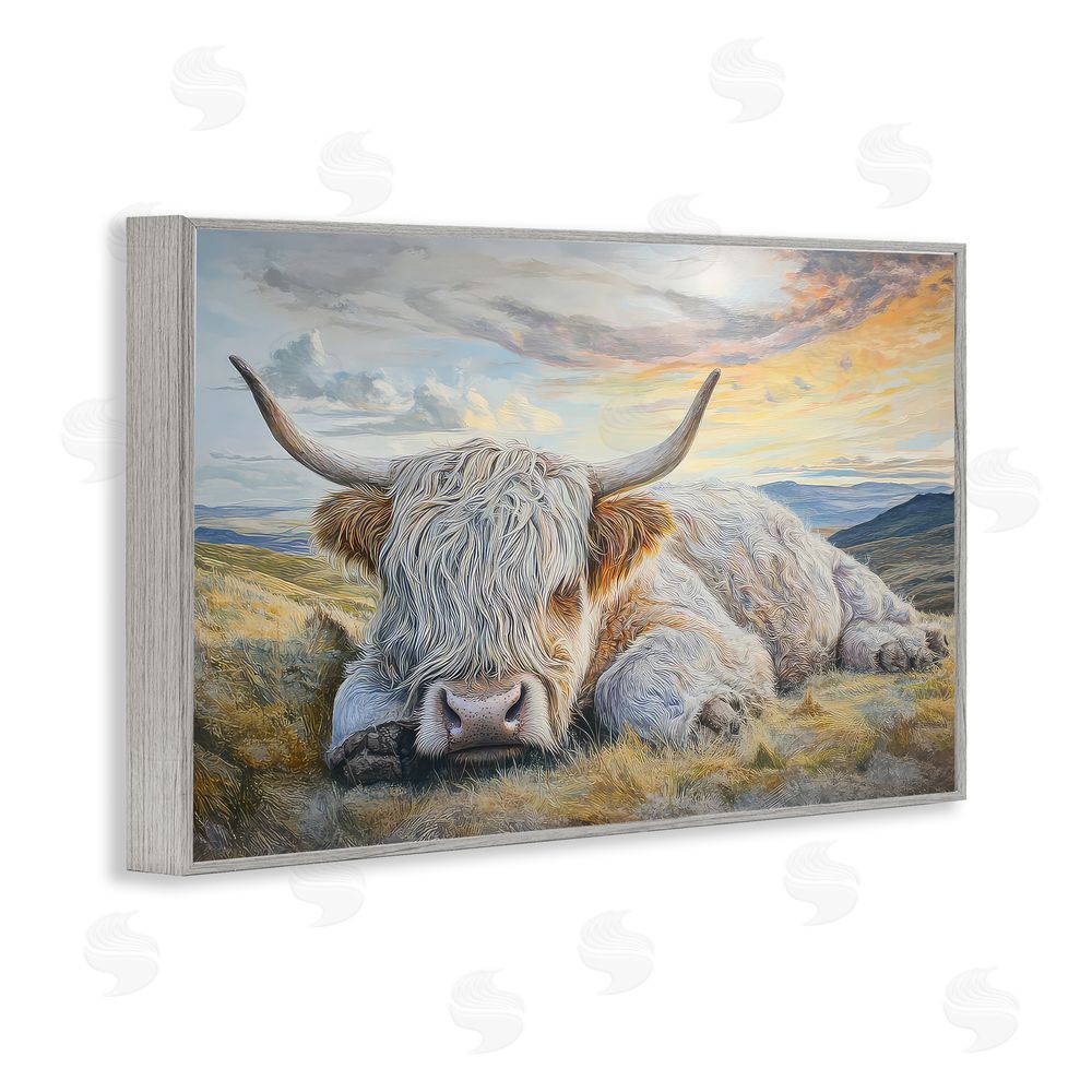 The Wands Want Sleeping Highland Cow Pastoral Gray Framed Giclee Wall Art Print