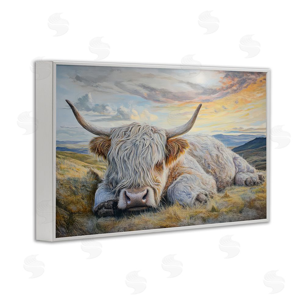 The Wands Want Sleeping Highland Cow Pastoral White Framed Giclee Wall Art Print