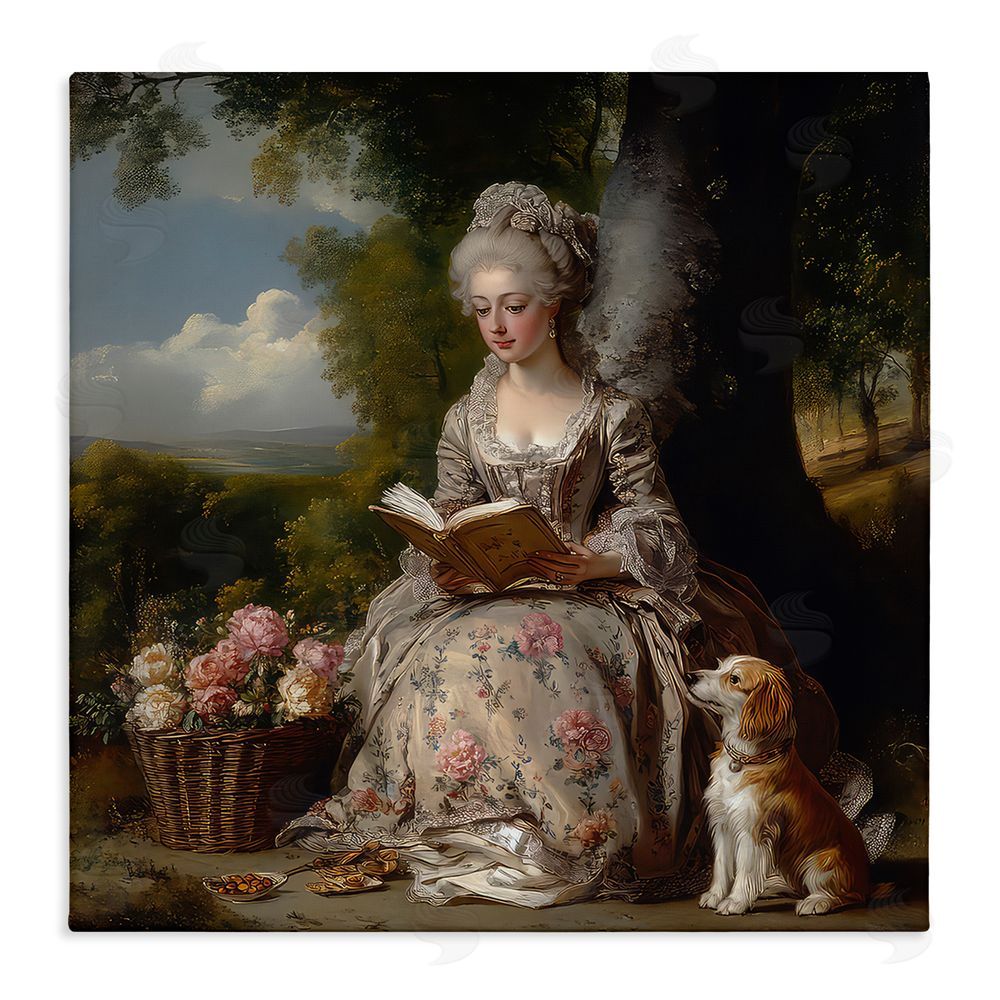 The Wands Want Rococo Lady with Dog Stretched Canvas Wall Art Print
