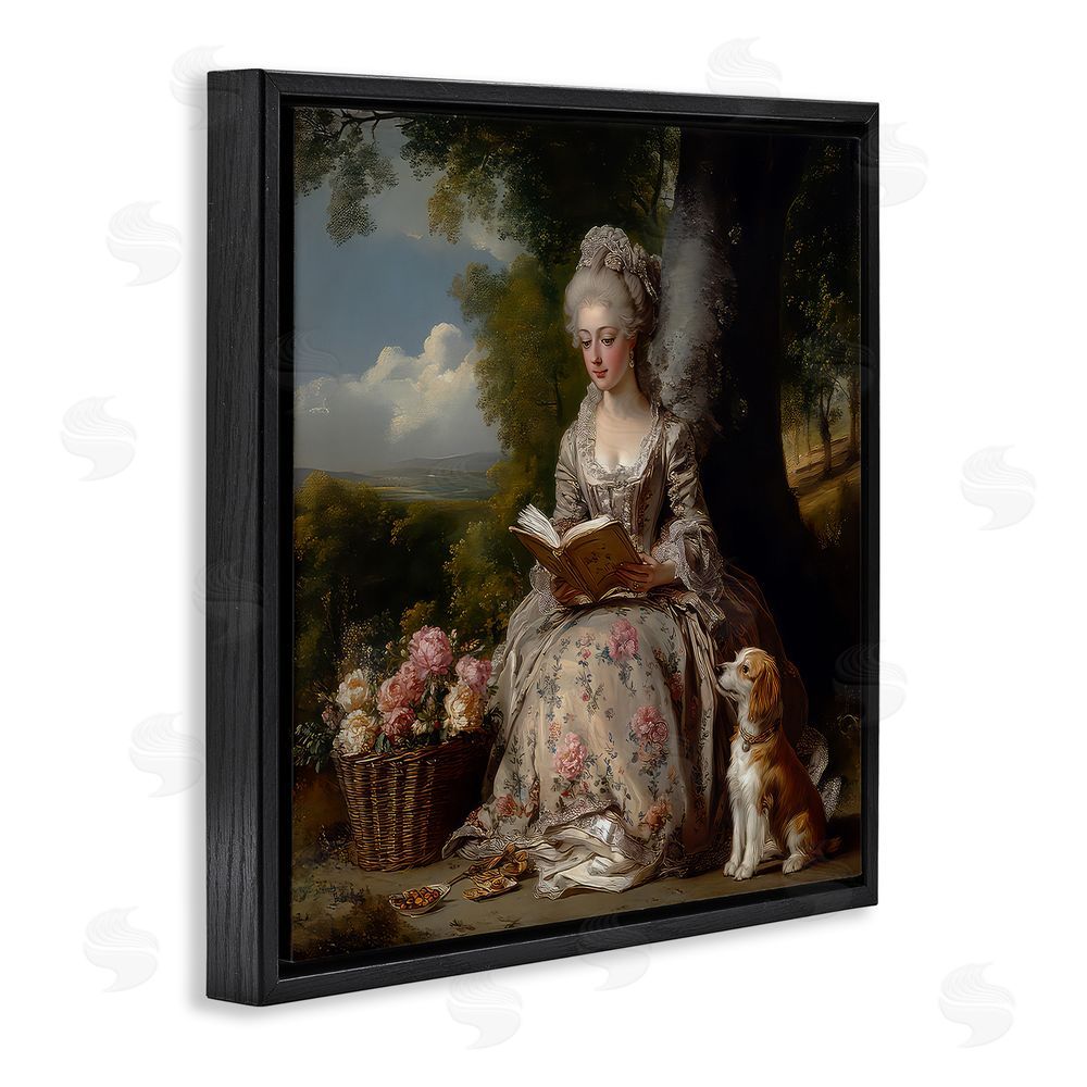 The Wands Want Rococo Lady with Dog Black Floating Frame Canvas Wall Art Print