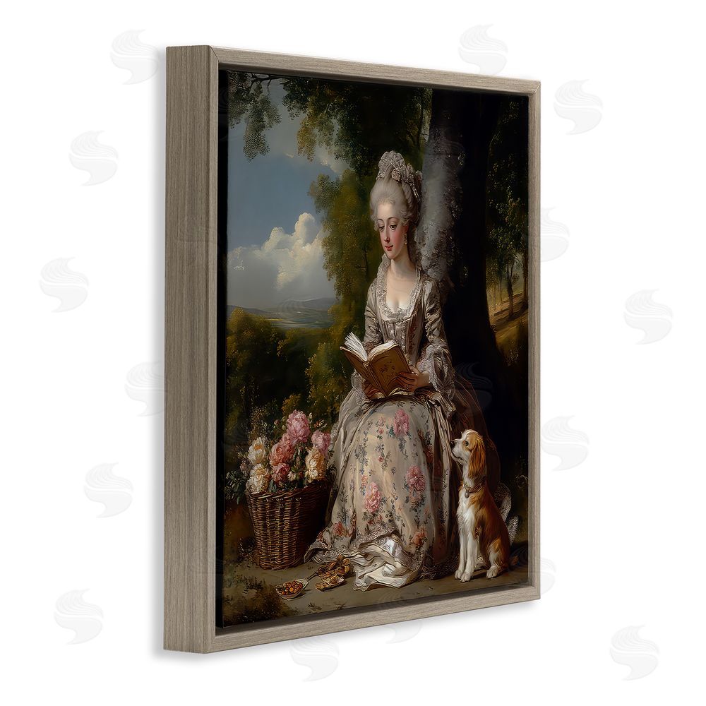 The Wands Want Rococo Lady with Dog Brown Floating Frame Canvas Wall Art Print