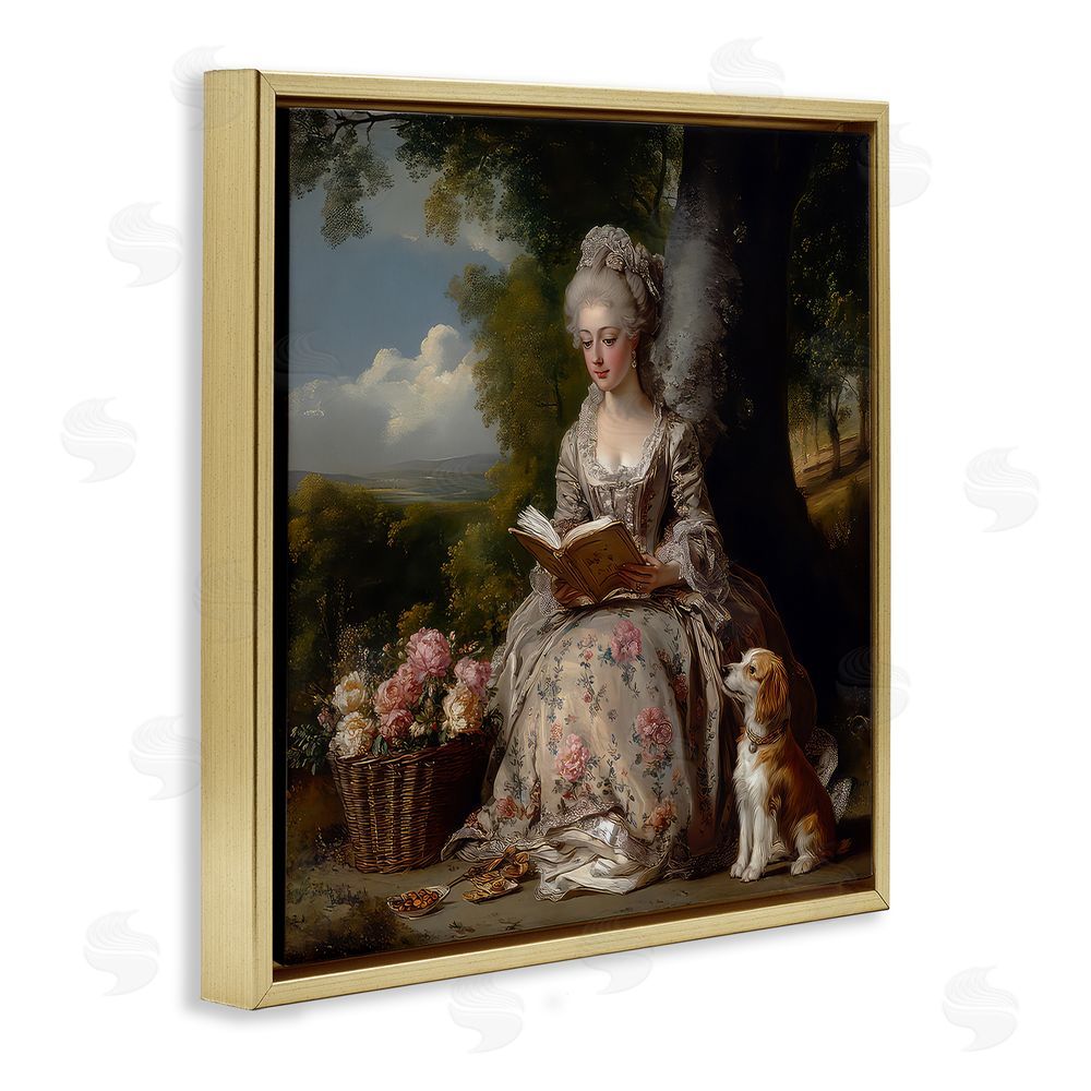 The Wands Want Rococo Lady with Dog Gold Floating Frame Canvas Wall Art Print