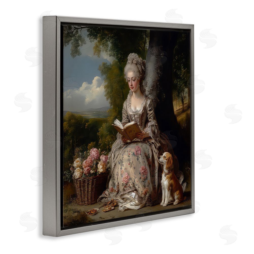 The Wands Want Rococo Lady with Dog Gray Floating Frame Canvas Wall Art Print