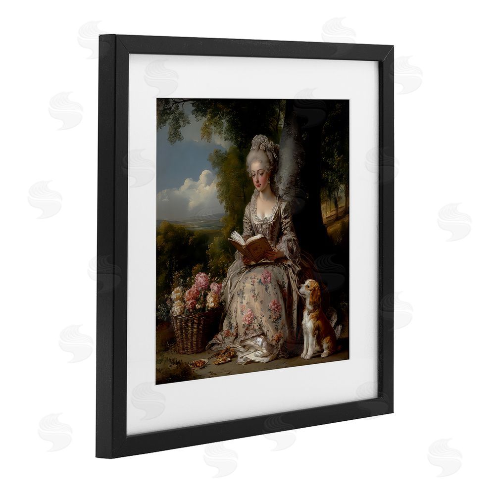 The Wands Want Rococo Lady with Dog Black Framed Print Under Glass Wall Art