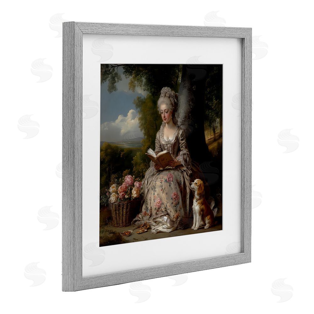 The Wands Want Rococo Lady with Dog Gray Framed Print Under Glass Wall Art