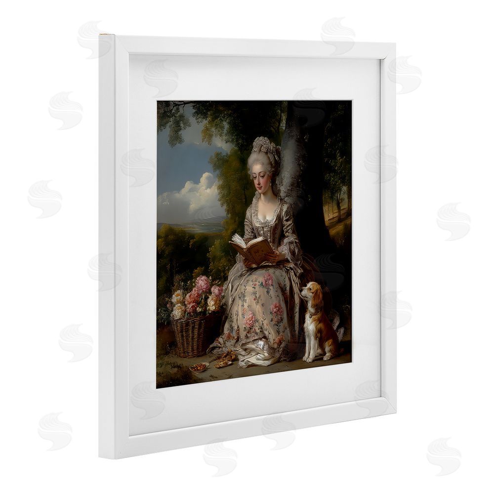 The Wands Want Rococo Lady with Dog White Framed Print Under Glass Wall Art