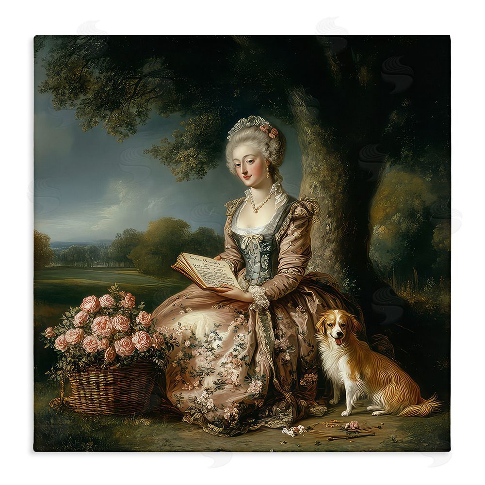 The Wands Want Rococo Woman with Dog Stretched Canvas Wall Art Print