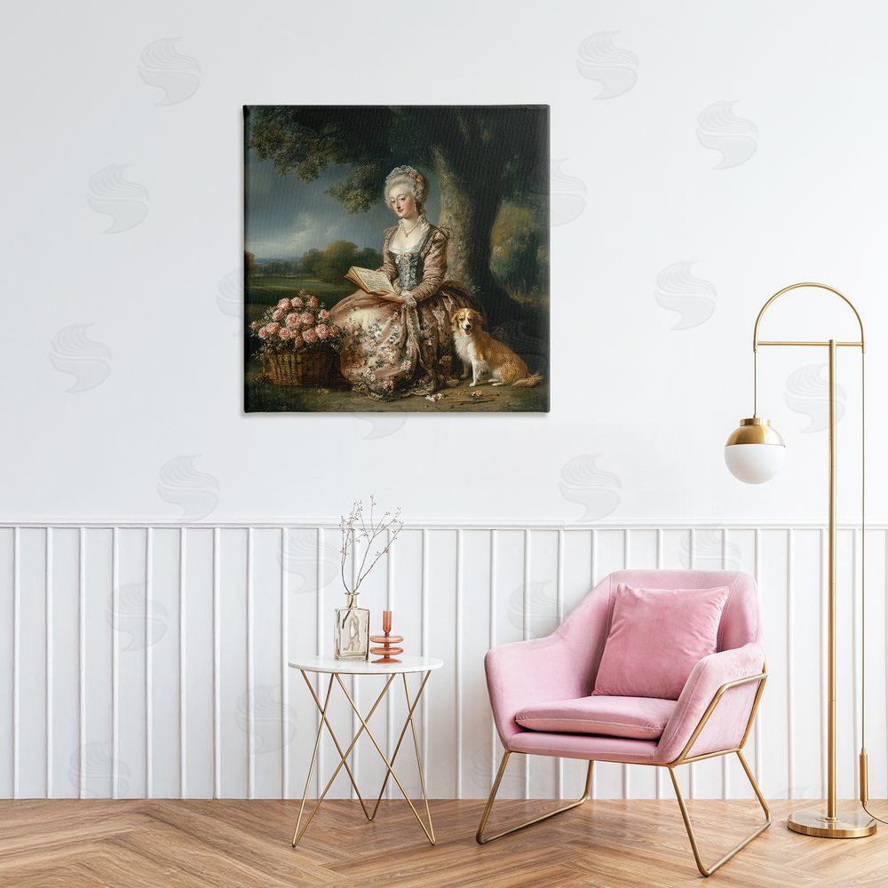 The Wands Want Rococo Woman with Dog Stretched Canvas Wall Art in Room