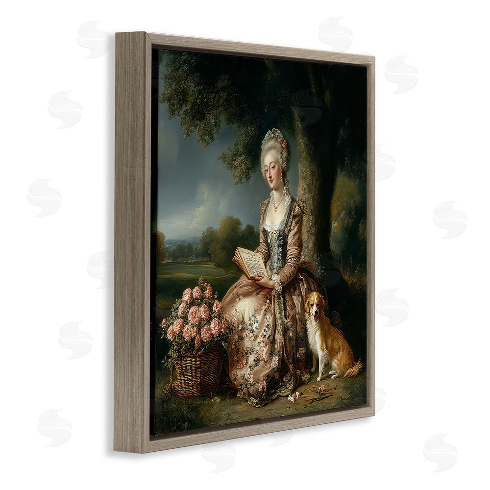 The Wands Want Rococo Woman with Dog Brown Floating Frame Canvas Wall Art Print