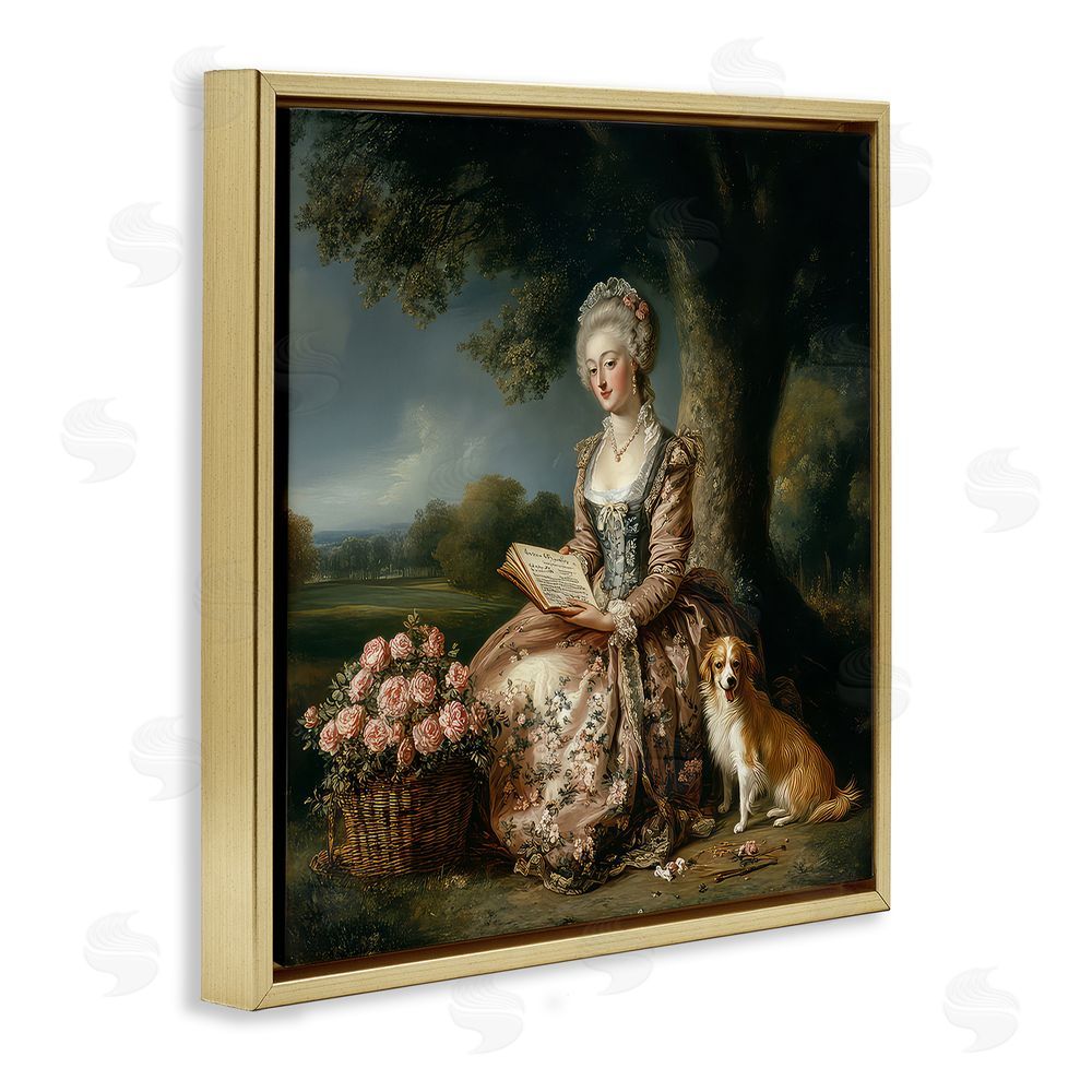 The Wands Want Rococo Woman with Dog Gold Floating Frame Canvas Wall Art Print