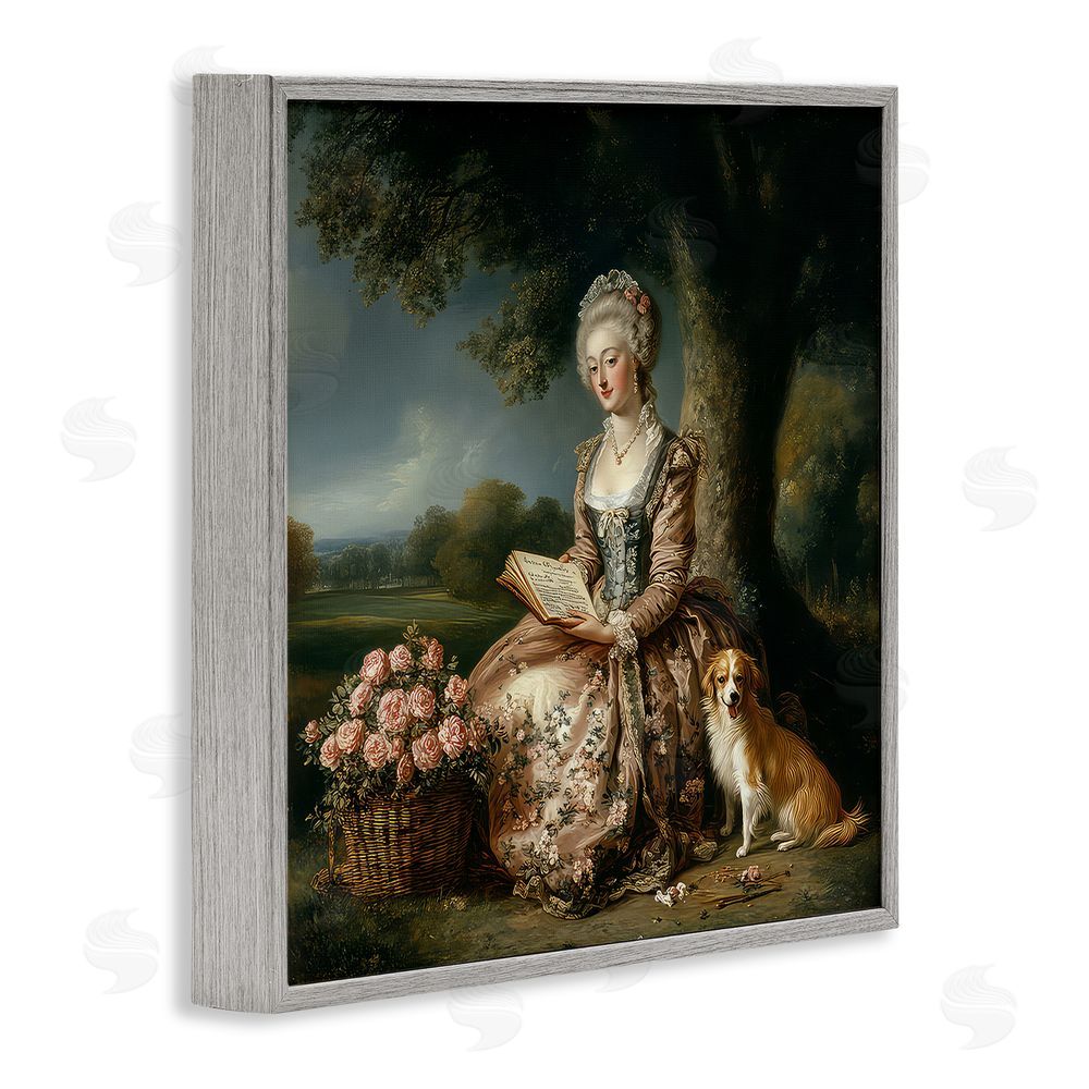 The Wands Want Rococo Woman with Dog Gray Framed Giclee Wall Art Print