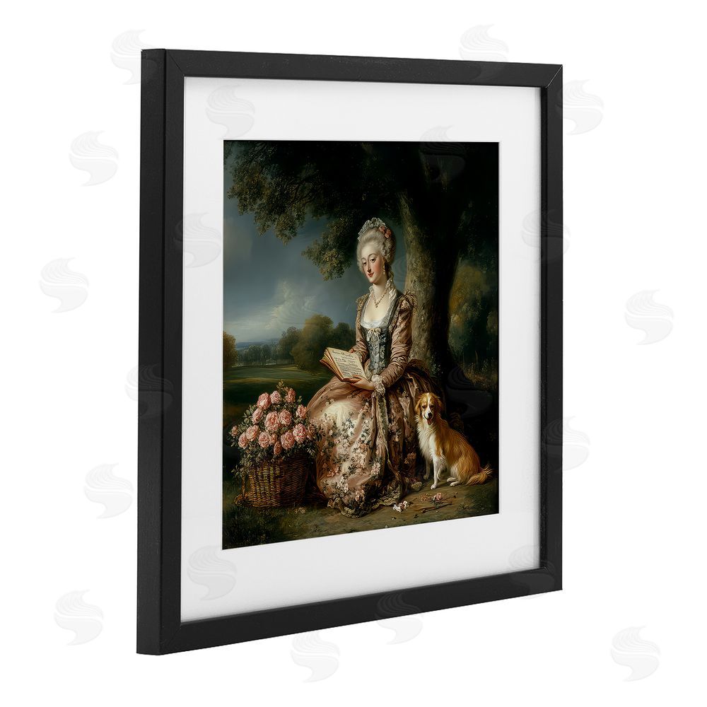 The Wands Want Rococo Woman with Dog Black Framed Print Under Glass Wall Art