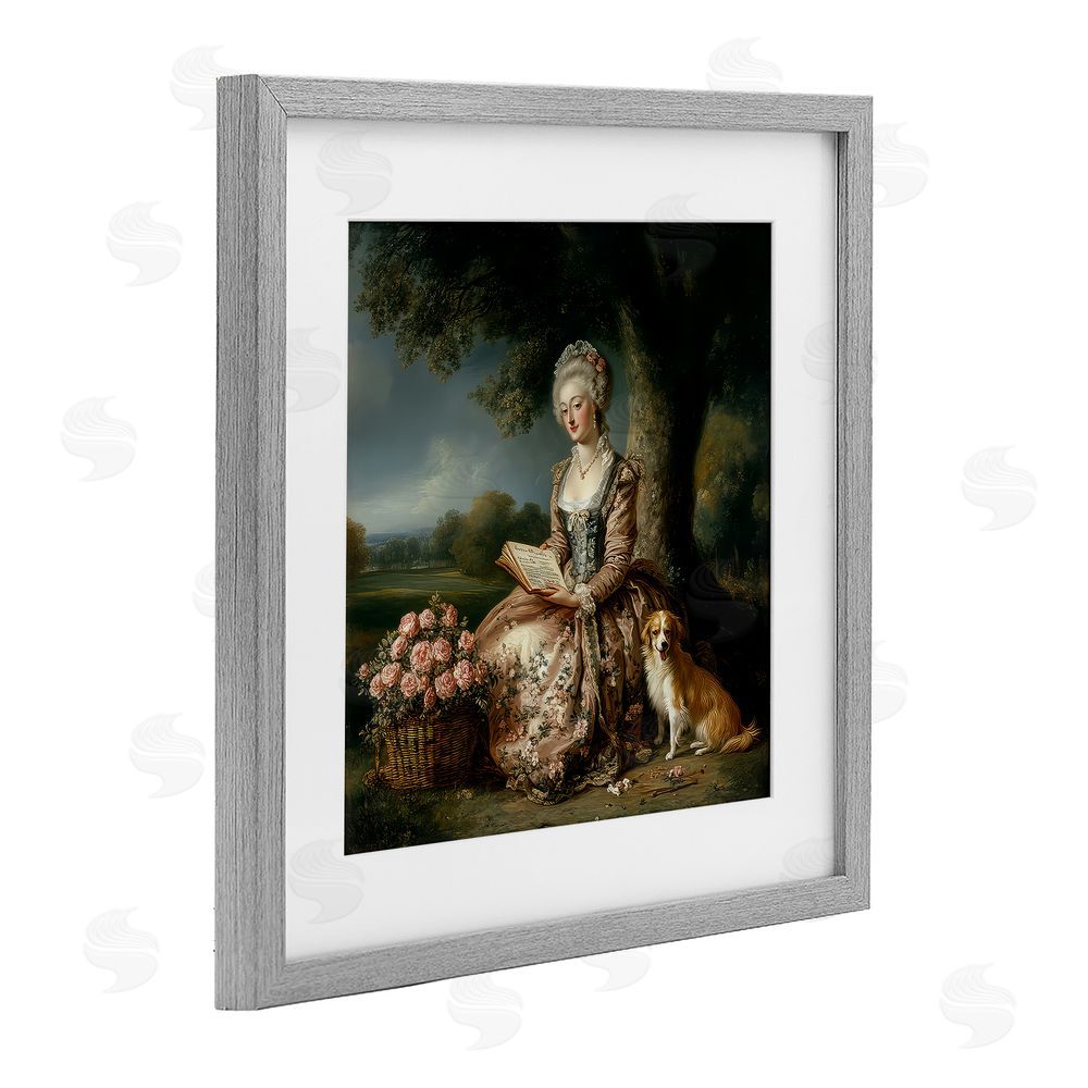 The Wands Want Rococo Woman with Dog Gray Framed Print Under Glass Wall Art