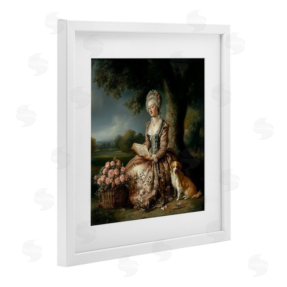 The Wands Want Rococo Woman with Dog White Framed Print Under Glass Wall Art